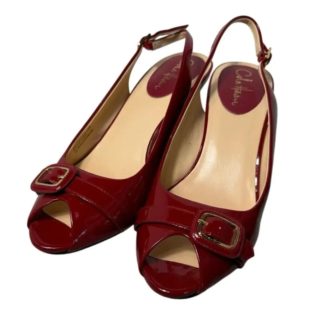 Cole Haan Nike Air Eliana Red Patent Leather Buckle Peep Toe Slingback Heels 10